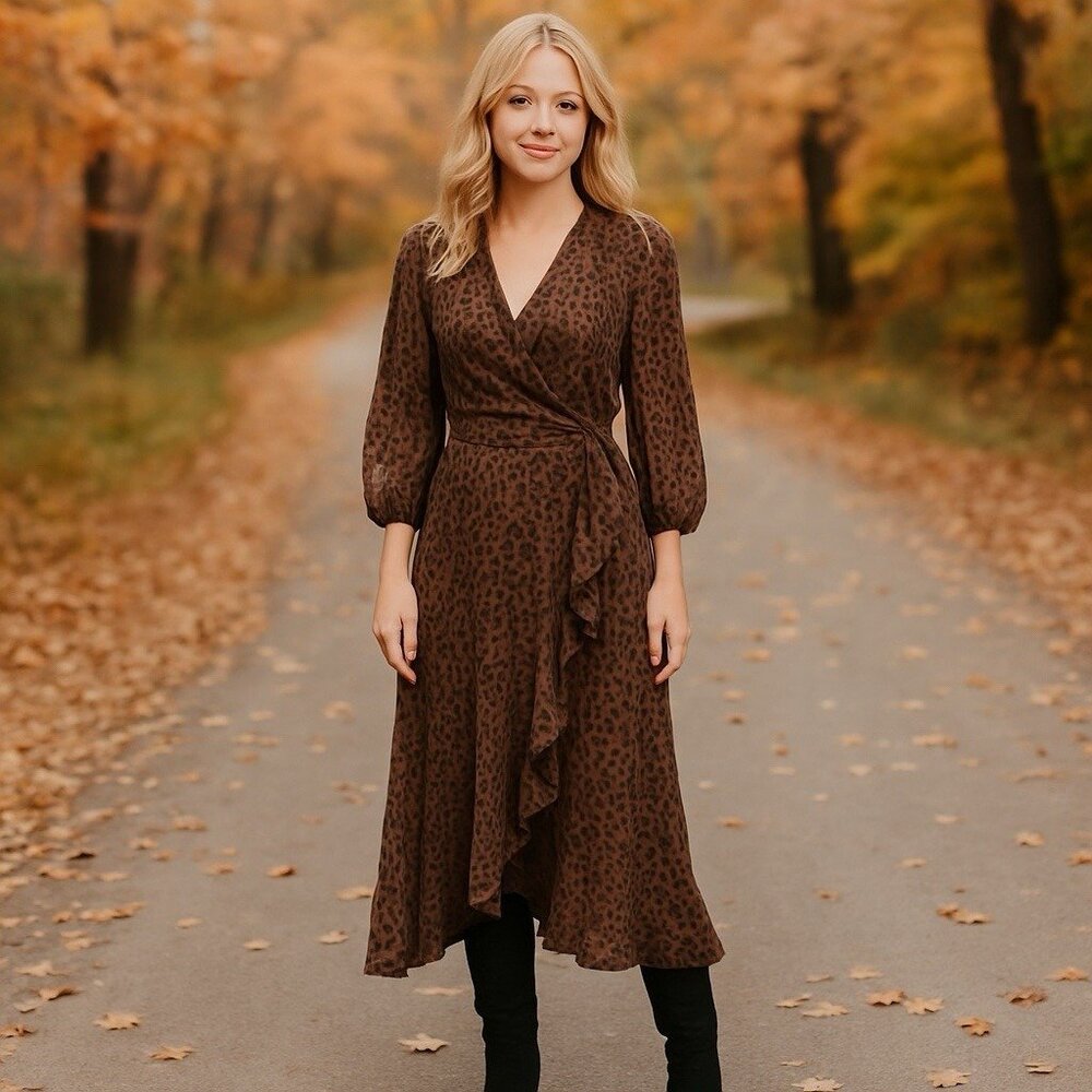 NEW KOKO + MASON Leopard Print Ruffle Midi Dress Holiday Event Wedding Guest M
